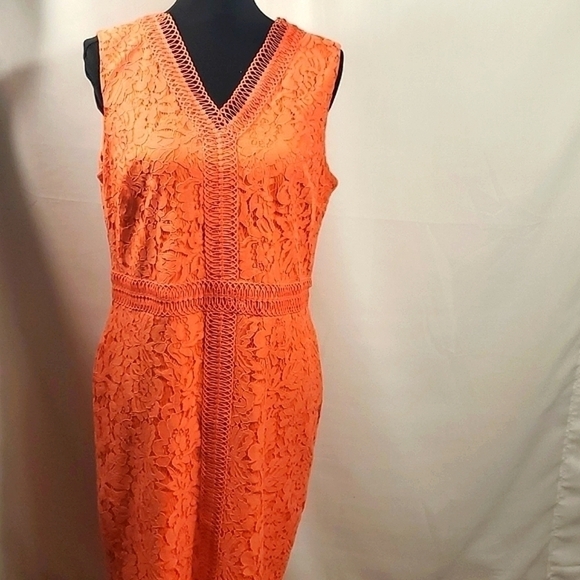 LACE SHEATH Orange Dress V neckline Size 14 - Picture 5 of 14